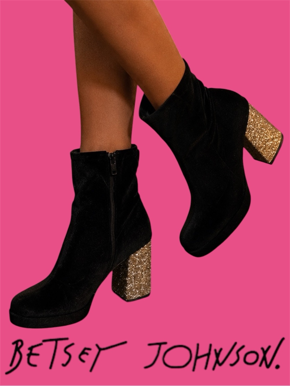 Betsey Johnson Matcha Black Velvet Ankle Bootie with Gold Glitter Heel Size 9